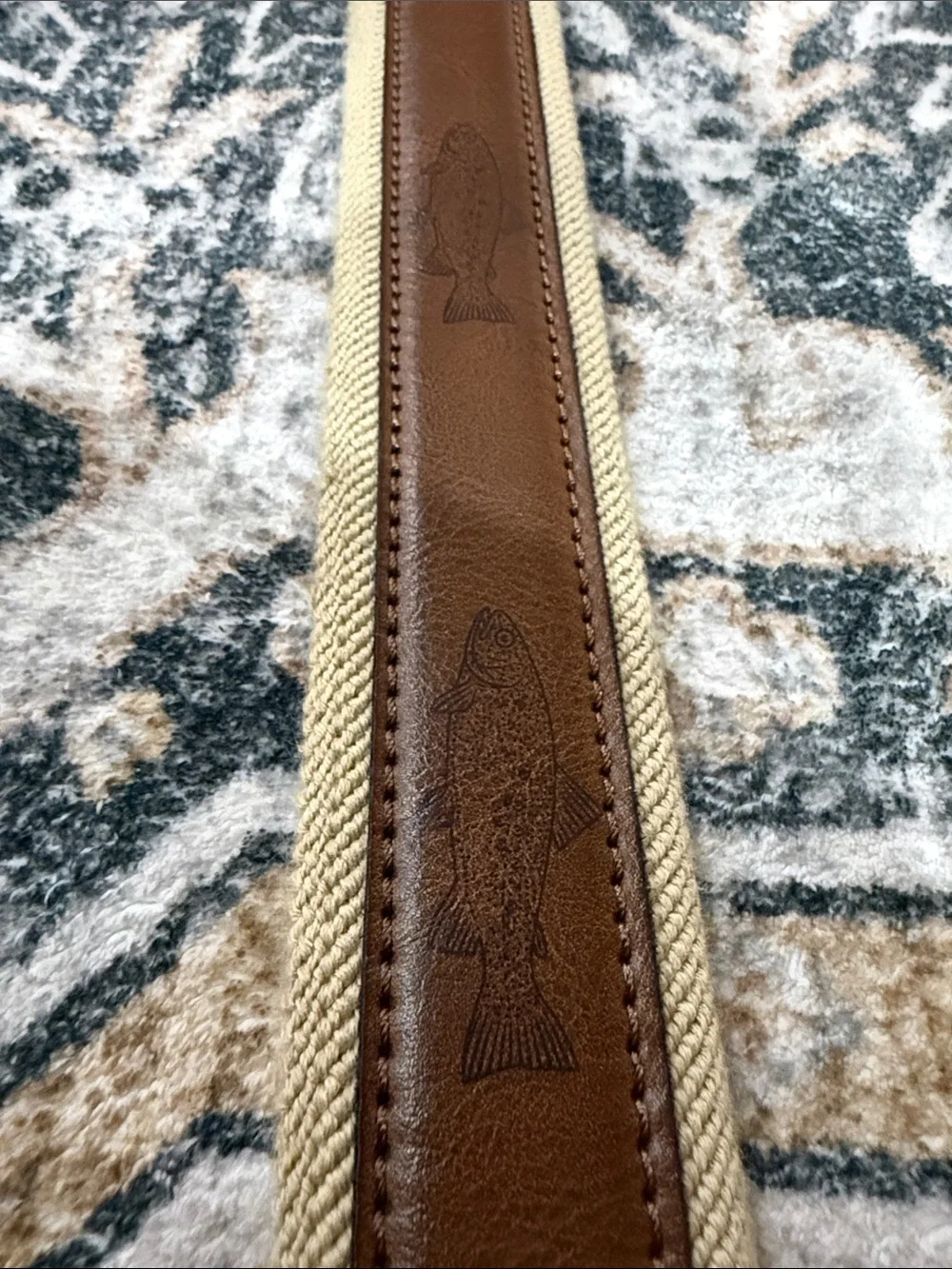 Columbia Fishing Canvas & Leather Men's Belt - Cream with Brown Trim and Fish